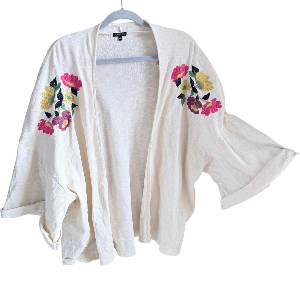 Hannah cream cotton cardigan floral embroidery elbow length sleeves boho large